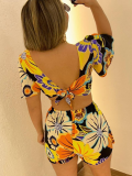 Printed Hollow Tie Ruffle Sleeve Jumpsuit