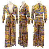 Chiffon Irregular Print Long Sleeve Wide Leg Casual Two Piece Suit