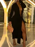 Black Sexy Large U Neck Slit Long Sleeve Dress