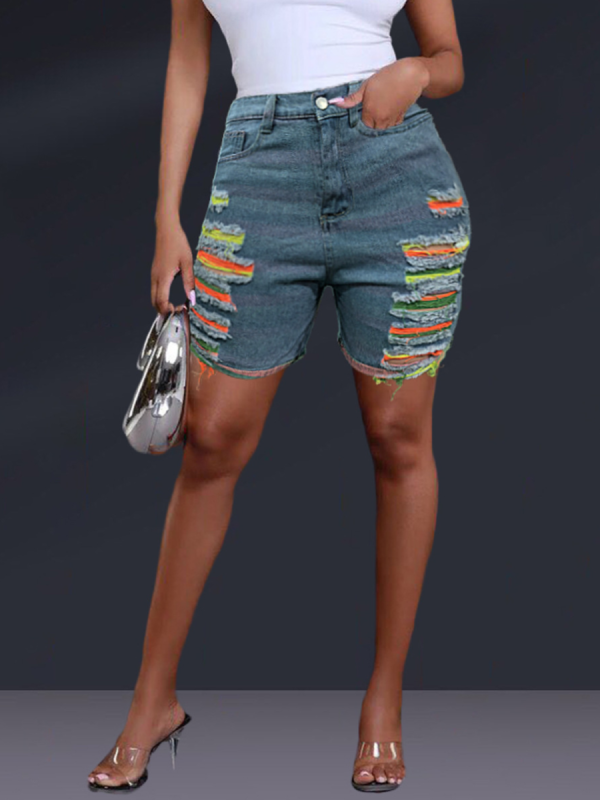 Blue Washed Pocket Ripped Tassel Denim Shorts