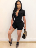 Black Lapel Short Sleeve Single Breasted Jumpsuit