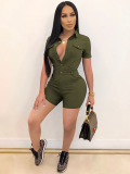 Army Green Lapel Short Sleeve Single Breasted Jumpsuit
