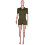 Army Green Lapel Short Sleeve Single Breasted Jumpsuit