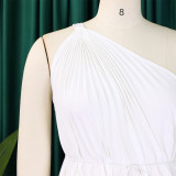 White Sexy Pleated Sloping Shoulder Strappy Dress