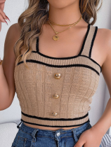 Khaki Summer Contrast Button Sleeveless Belly Button Knit Top