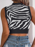 Black Hollow Zebra Print Midriff-Baring Knit Top