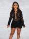 Black Hollow Solid Color Long-Sleeved Shirt And Shorts Two-Piece Set