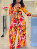 Fashion Print Lapel Tie-neck Shirt Wide Leg Two-Piece Suit