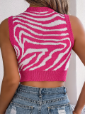 Rose Red Hollow Zebra Print Midriff-Baring Knit Top