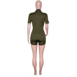 Army Green Lapel Short Sleeve Single Breasted Jumpsuit