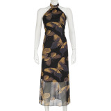 Temperament Butterfly Print Halter Neck Hollow Sexy Backless Dress