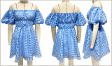 Light Blue Sexy High-waisted One-shoulder Short Dress