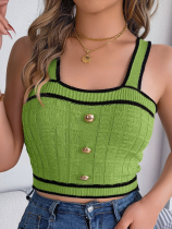 Green Summer Contrast Button Sleeveless Belly Button Knit Top