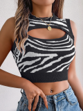 Black Hollow Zebra Print Midriff-Baring Knit Top