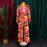 Fashion Print Lapel Tie-neck Shirt Wide Leg Two-Piece Suit
