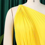 Yellow Sexy Pleated Sloping Shoulder Strappy Dress