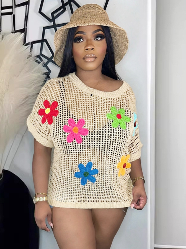 Crew Neck Knitted See-Through Floral Short Sleeve Top