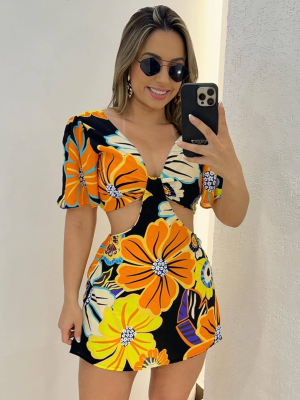 Printed Hollow Tie Ruffle Sleeve Jumpsuit