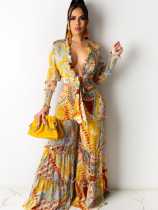 Chiffon Irregular Print Long Sleeve Wide Leg Casual Two Piece Suit