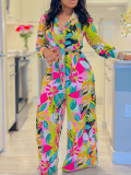 Fashion Print Lapel Tie-neck Shirt Wide Leg Two-Piece Suit