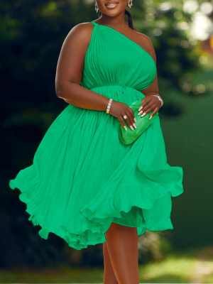 Green Sexy Pleated Sloping Shoulder Strappy Dress