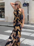Temperament Butterfly Print Halter Neck Hollow Sexy Backless Dress