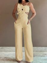Yellow Suspender Fashion Backless Jumpsuit