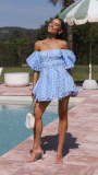 Light Blue Sexy High-waisted One-shoulder Short Dress