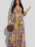 Chiffon Irregular Print Long Sleeve Wide Leg Casual Two Piece Suit