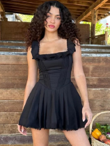 Sexy French Square Neck Herringbone Corset Dress