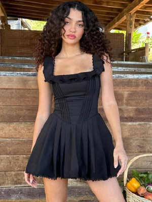Sexy French Square Neck Herringbone Corset Dress