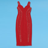 Red Sexy Hot Diamond Stitching Hollow See-through Dress