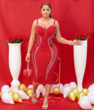 Red Sexy Hot Diamond Stitching Hollow See-through Dress