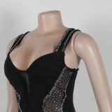 Black Sexy Hot Diamond Stitching Hollow See-through Dress