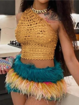 Fashionable Sequined Reflective One-shoulder Halter Top