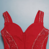 Red Sexy Hot Diamond Stitching Hollow See-through Dress