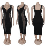 Black Sexy Hot Diamond Stitching Hollow See-through Dress