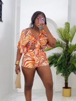 Orange Printed Tie Bat Sleeves Loose Two-Piece Suit