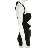 Sexy Hollow Metal Tube Stitching Contrasting Color Bow Jumpsuit