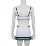 Splicing Contrast Color Navel-Baring Suspenders High Waist Irregular Skirt Sexy Two-Piece Suit