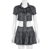 Black Printed Navel-Baring Shirt High Waist Pleated Skirt Two-Piece Set