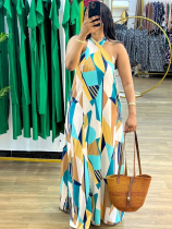 Blue Printed Sleeveless Loose Dress