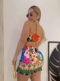 Printed Suspender Hip Skirt Two Piece Set