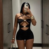 Sexy Hollow Metal Tube Stitching Contrasting Color Bow Jumpsuit
