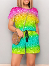 Fashionable Casual Contrast Color Round Neck Short Sleeve Drawstring Jumpsuit