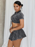 Black Printed Navel-Baring Shirt High Waist Pleated Skirt Two-Piece Set