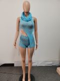 Light Blue Sexy Body Shaping Hollow Sequin Three-piece Set