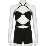 Sexy Hollow Metal Tube Stitching Contrasting Color Bow Jumpsuit