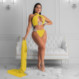 Yellow Sexy Three-piece Triangle Bikini Cover-up Set