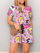 Fashionable Casual Contrast Color Round Neck Short Sleeve Drawstring Jumpsuit